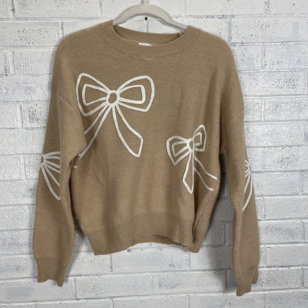 Luna & Ivy Tan Knit Bow Sweater Womens Size S Crewneck Stretch Preppy
